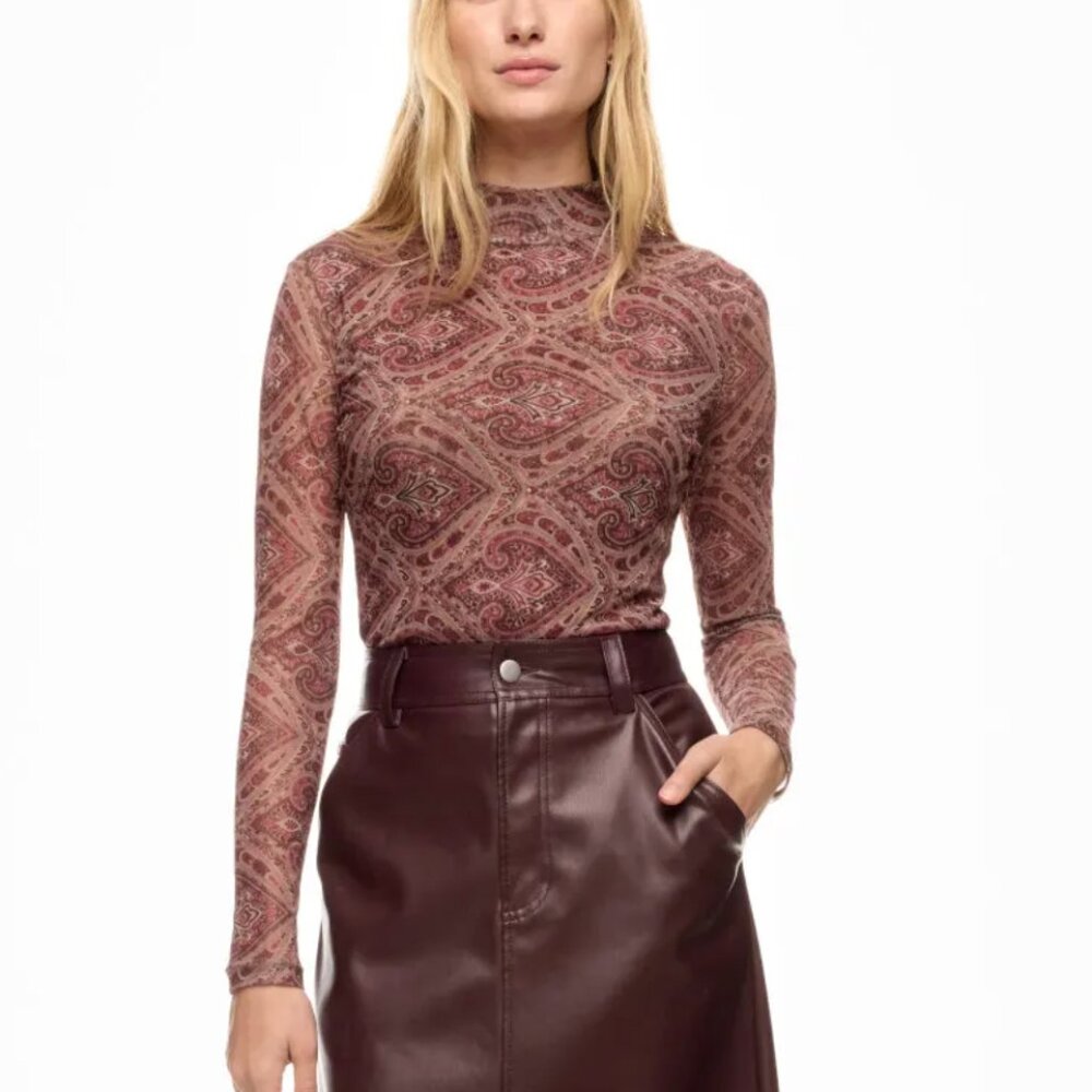 Ronny Kobo x RTR Mock Neck Mesh Top Maroon Red Brown Print Long Sleeve Mockneck
